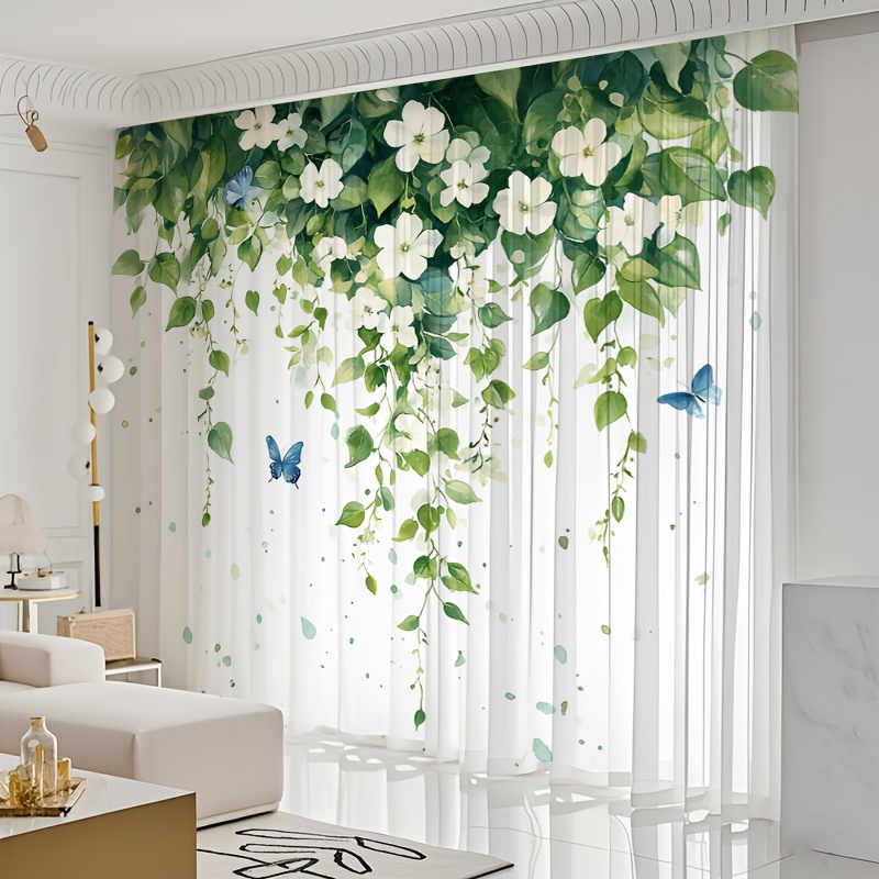 TEMU 2d Flat, [2d Flat Printing] 2pcs Natural Vine Curtains Watercolor Light Soft Romantic Sheers Light Tulle Window Curtains For Living Room Bedroom