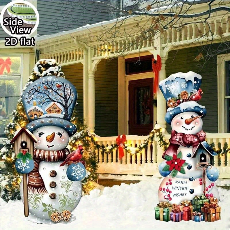 TEMU 2d Flat 2pcs Christmas Gorgeous Snowman Outdoor Ornaments, Christmas Garden Decor Sign, Display Stand, Christmas Party Outdoor Decorations, 2d
