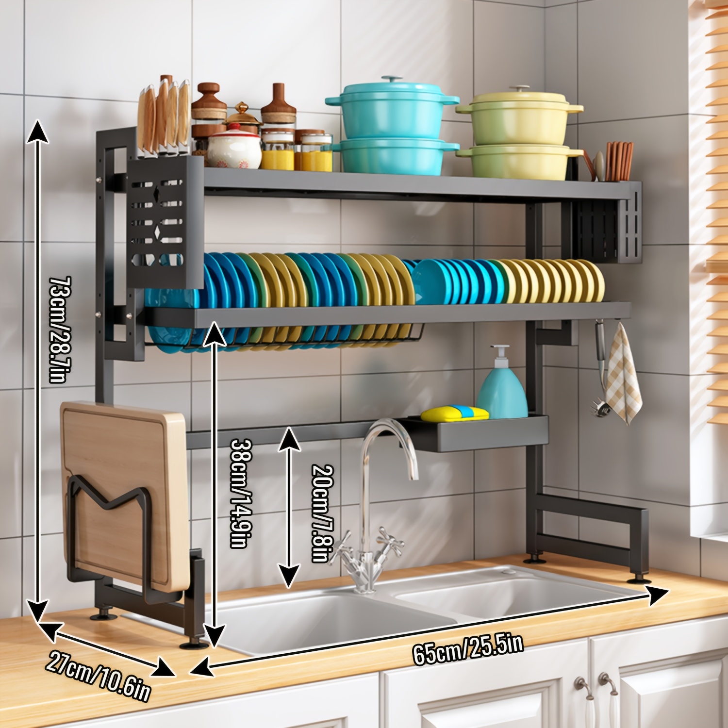 TEMU 1 estante de cocina, acero al carbono, escurridor de platos de 2 niveles para del fregadero, con ranuras para platos y almacenamiento de tablas