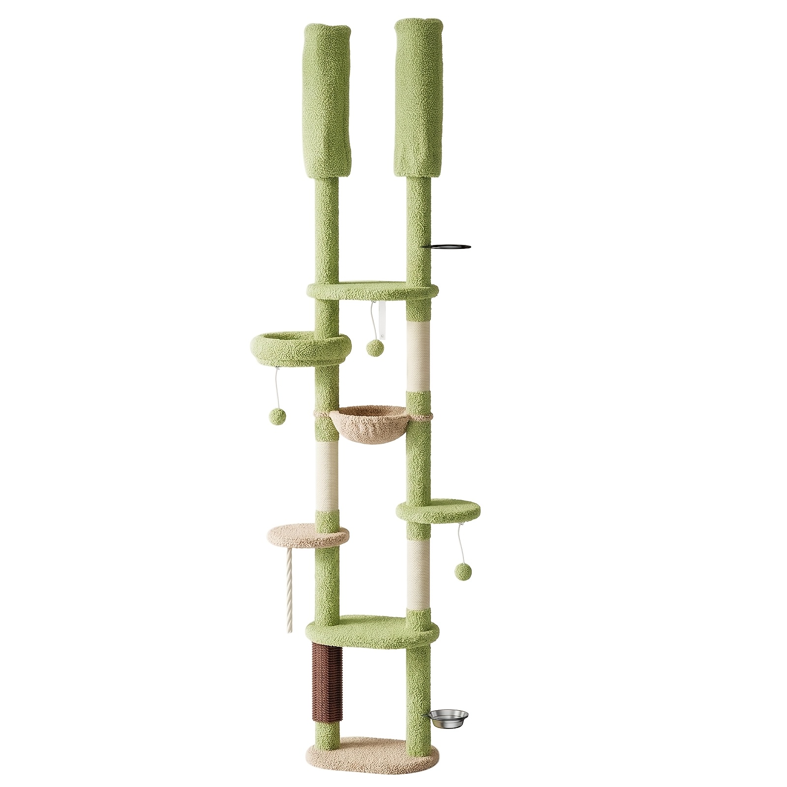 Cat Tree, Height Adjustable From 230cm To 280cm, Multi-functional Cat Climbing Tower, With Cat Hammock, Scratching Posts, Dangling Balls, Climbing Platforms, Rubbing Post, Feeding Area, Green