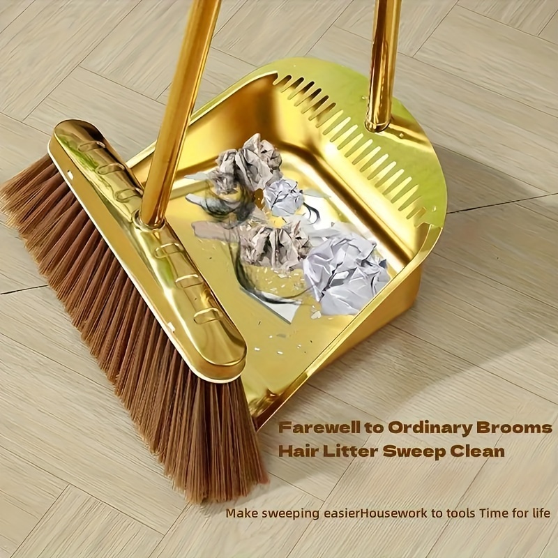 

2pcs Golden Stainless Steel Broom And Dustpan Set - , Thickened For Home Cleaning - Living Room, Bedroom, Bathroom, Kitchen, Hard Floors