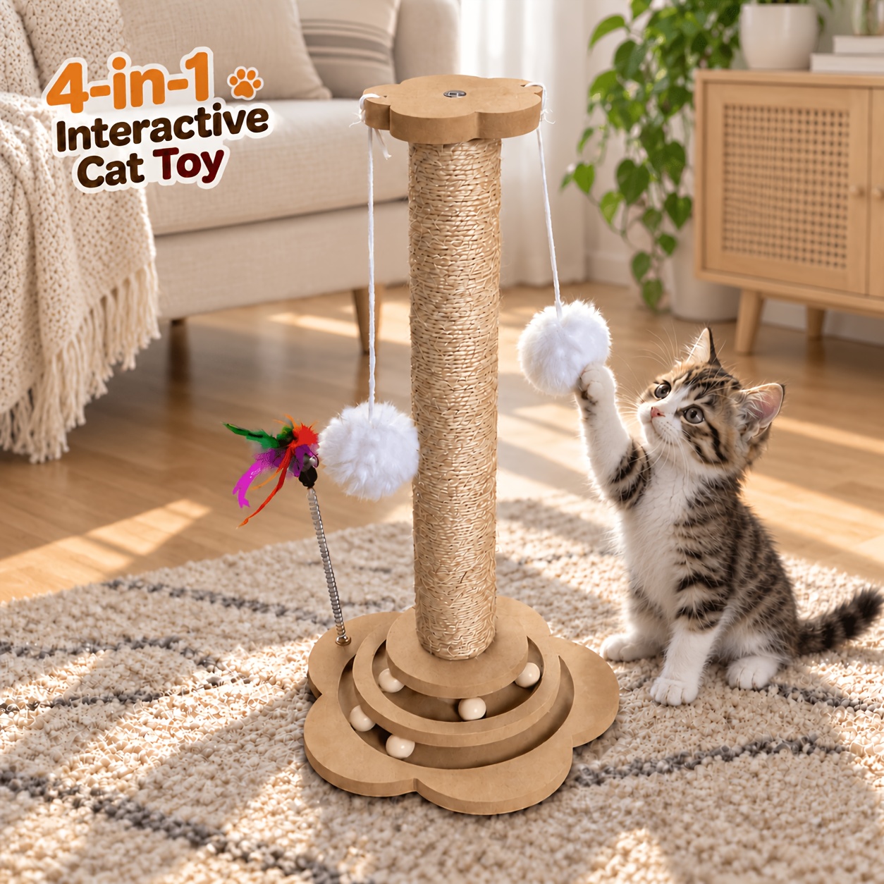 TEMU Arbre à chat et grattoir 4-en-1, tour d'arbre à chat compacte en sisal de 44 cm avec circuits de balle à double couche, balles en peluche