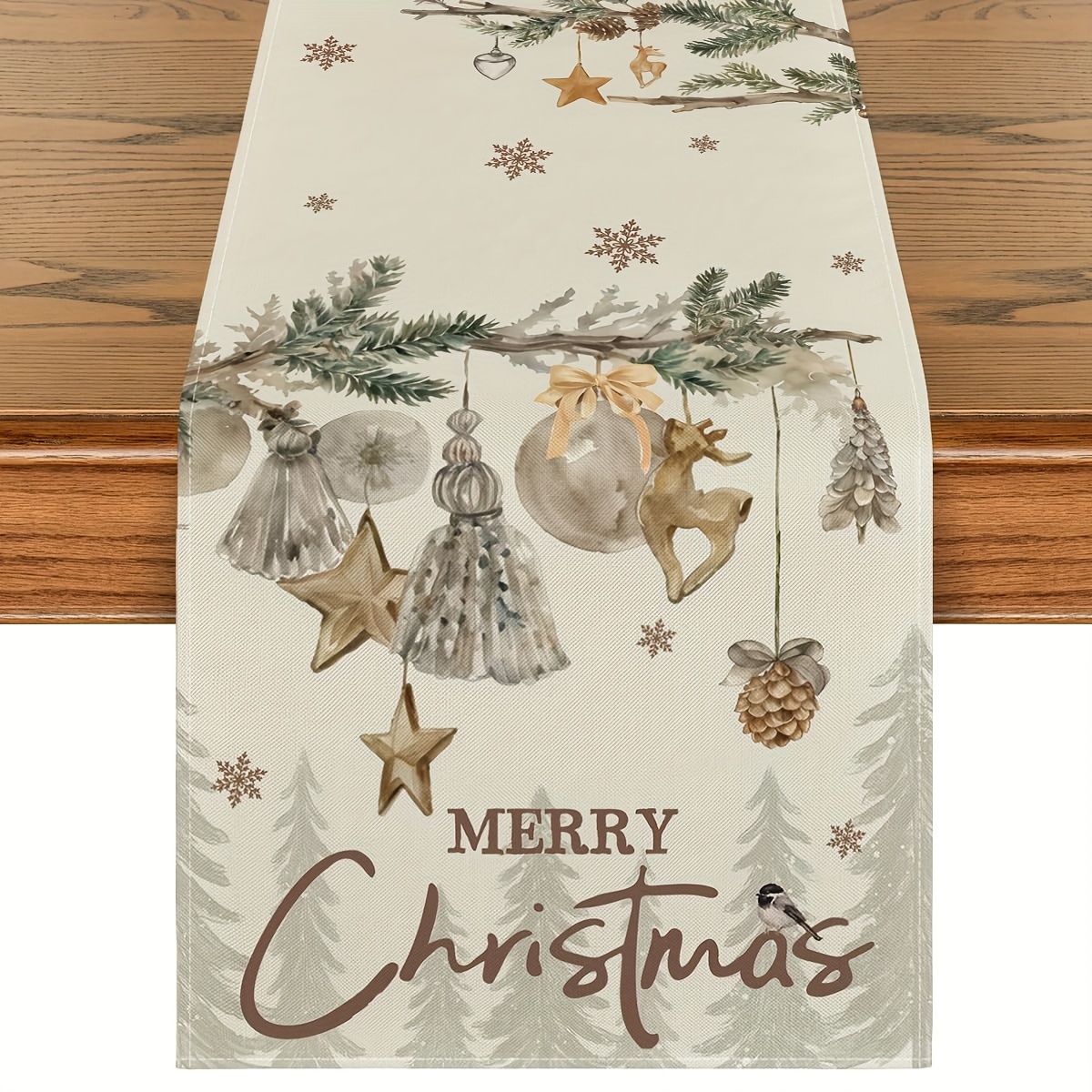 1pc, Linen Xmas Pine Ornament Snowflake Merry Christmas Table Runner, Seasonal Winter Kitchen Dining Table Decoration For Home Party Decor 13x48/13x72/13x108/inch