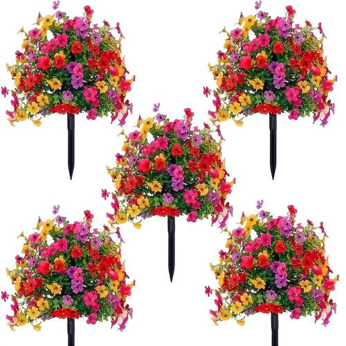 item picture 4pcs Set of Vivid and Realistic Rustic-style Outdoor Artificial Flowers with Ground Stakes. Suitable for Home, Hotel, Office, Weddings, and Housewarming Parties. Ideal for Outdoor Garden Decor, Cemetery Decorations, and Holiday Decor for St.