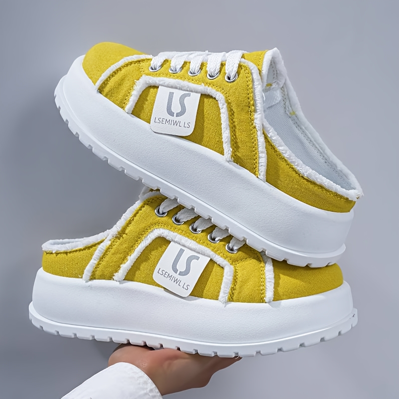 TEMU Lsemiwl Women's Round Toe Mules - Thick Platform Sole Lace-up Sneakers With Frayed, Solid Color Tpr Sole Suitable For Daily , Casual, Summer