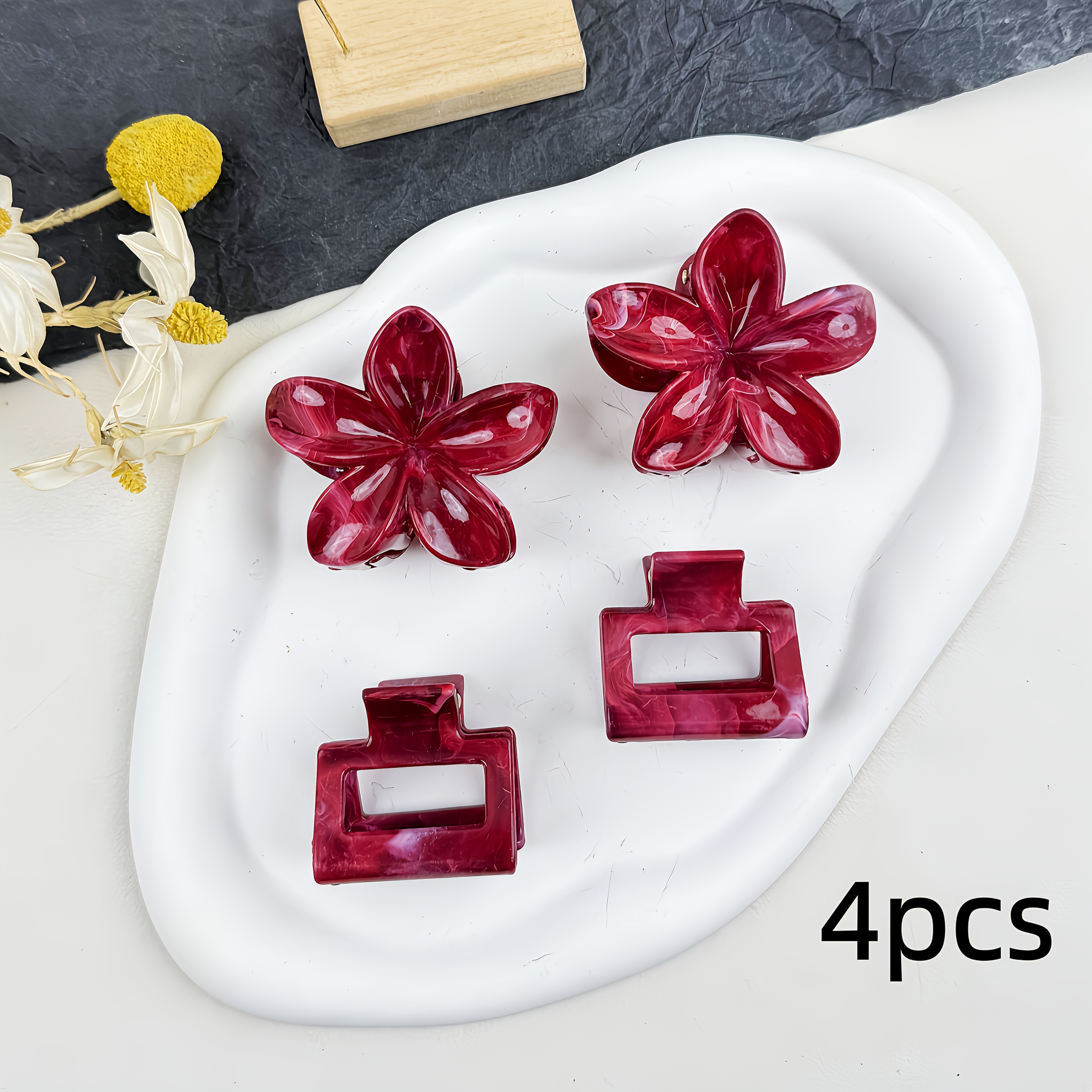 E-shop 4er-Pack Vintage Haarspange mit Marmormuster und Blumen, für Damen, mittlere Größe - Robuste Kunststoff-Klamm, quadratische Haarspange,