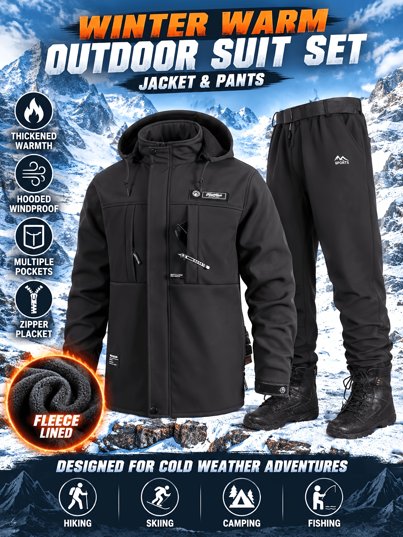 Men's Hooded Jacket & Thermal Pants Set for Cold Weather Activities