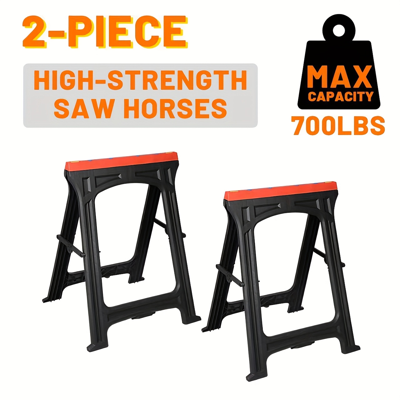 2 Pack Folding Heavy Duty Plastic Saw Horses, 350 lbs Load Each, 700 lbs Total, 1.9" Thick, Portable