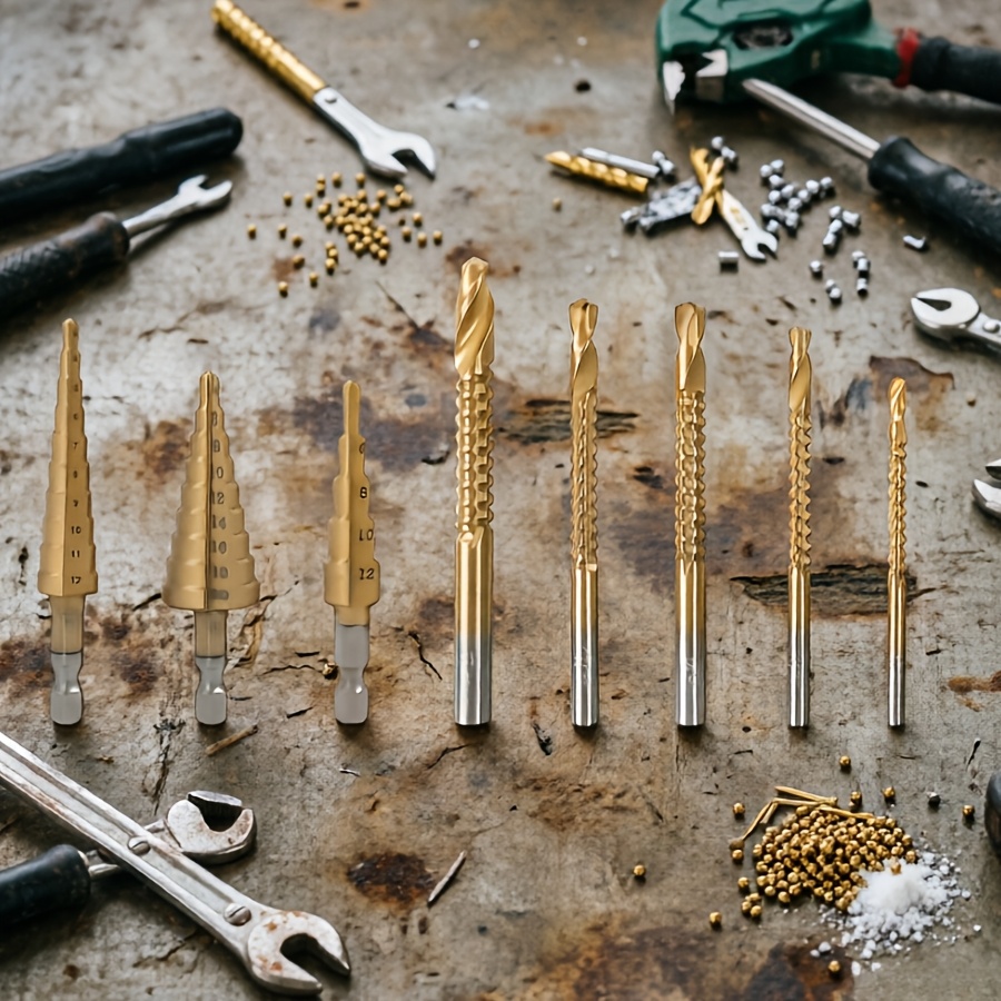 8pcs Titanium-coated Step Drill Bit Set - Steel Taper Drill Bits, Suitable For Metal, Wood, And Plastic, 4-20mm Hole Drill Bits With Spiral Flutes Drilling