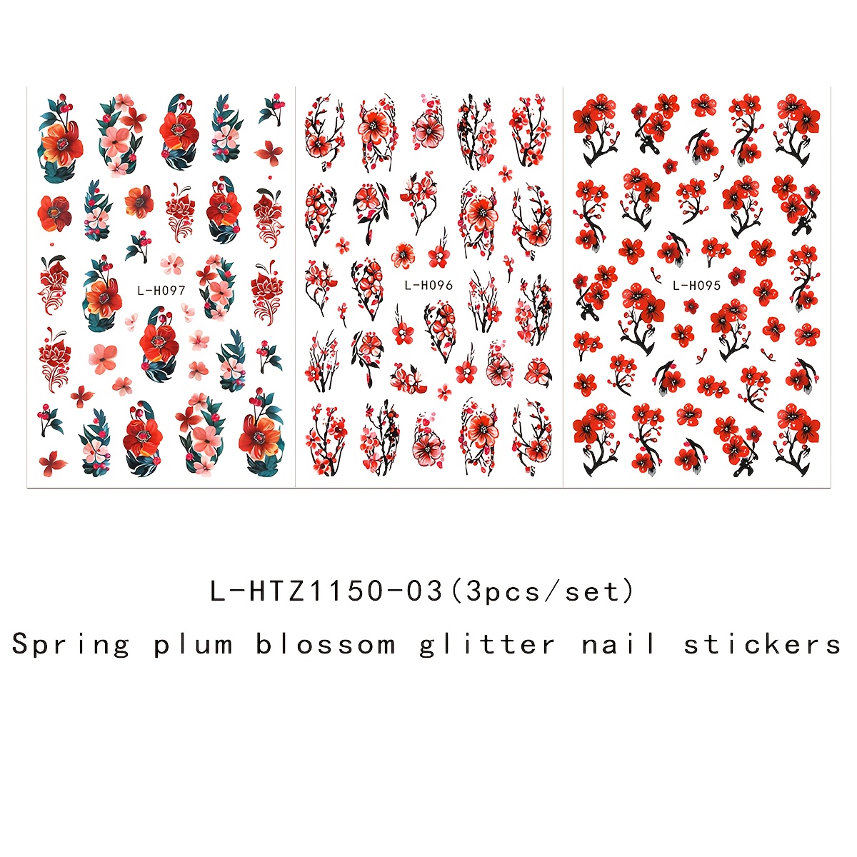 Image of 3pcs Suit Spring Plum Flower French Glitter Nail Stickers Nail Self-adhesive Decorative Tools Nail Decoration Accessories