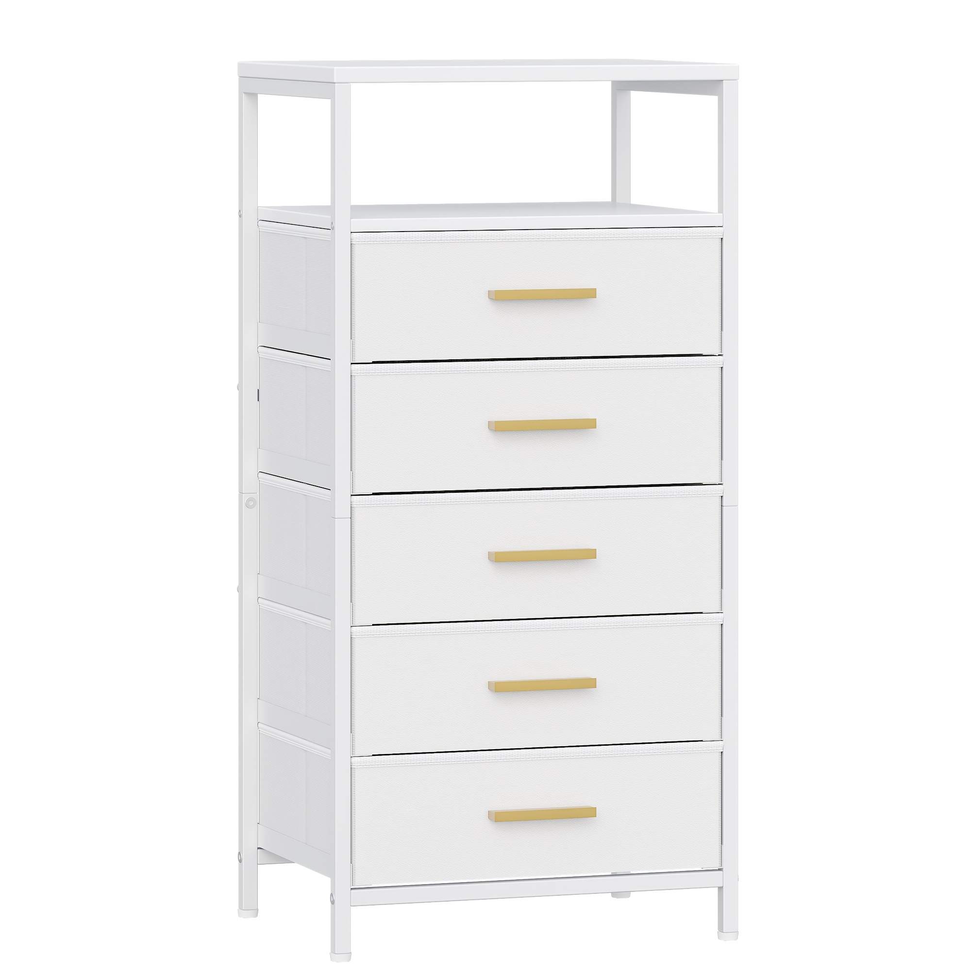 Image of Clothing & Closet Storage, Bedside Table With Open Compartment, Chest Of Drawers With 5 Foldable Fabric Drawers, Modern, For Bedroom, Living Room, 30 X 40 X 84cm, White