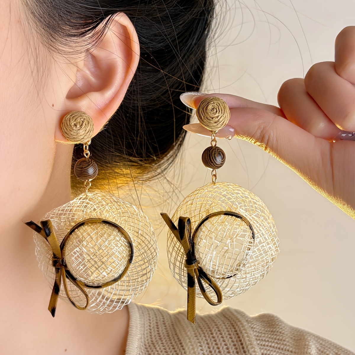 TEMU Seaside Woven Straw Hat Earrings, Dopamine-inducing Statement Stud Earrings, Niche Designer Ear Jewelry For Women