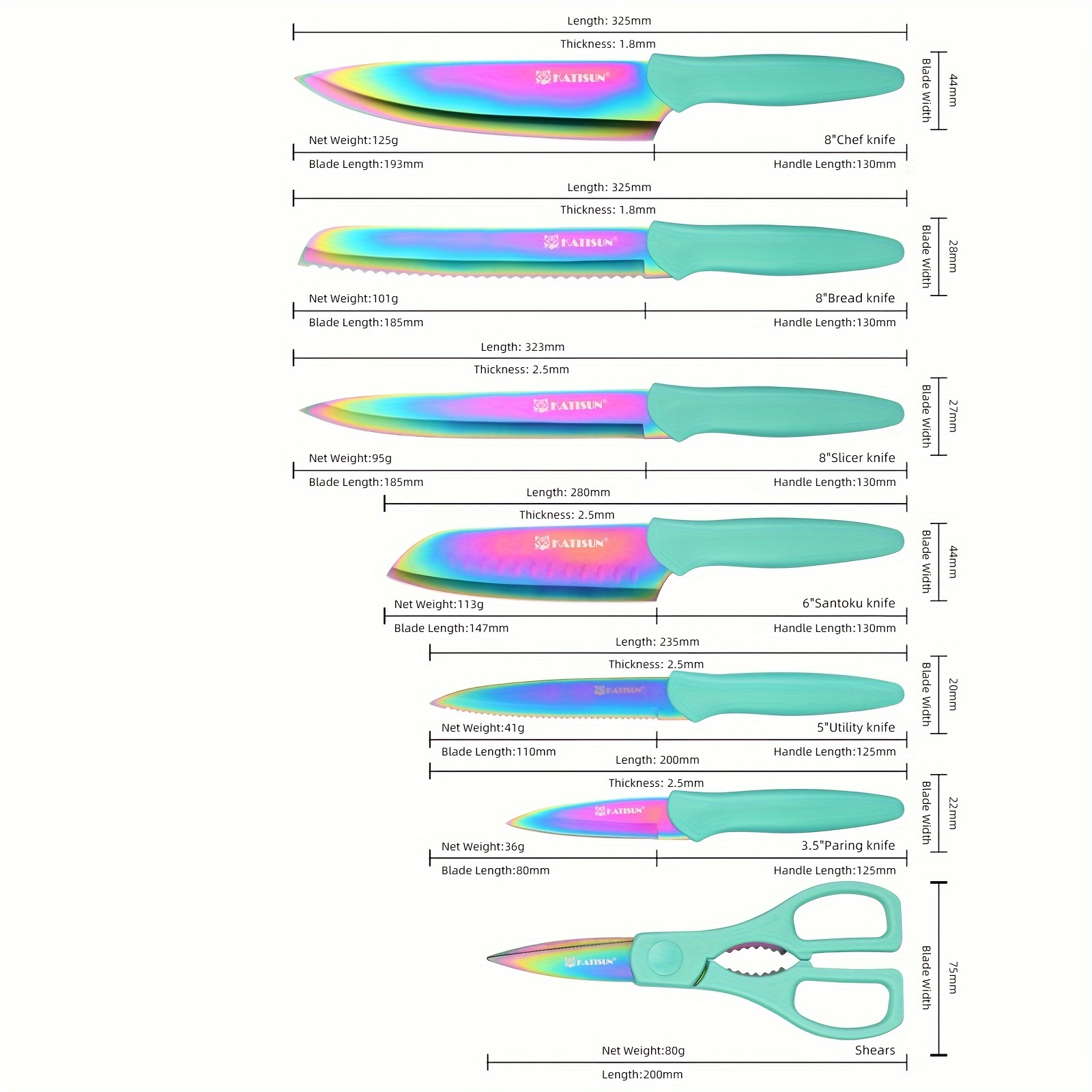 Set of 7 Rainbow Titanium Coated Stainless Steel Knives in a Box, Rust-Resistant And Dishwasher Safe, Includes 6 Knives with Blade Covers And Kitchen Scissors