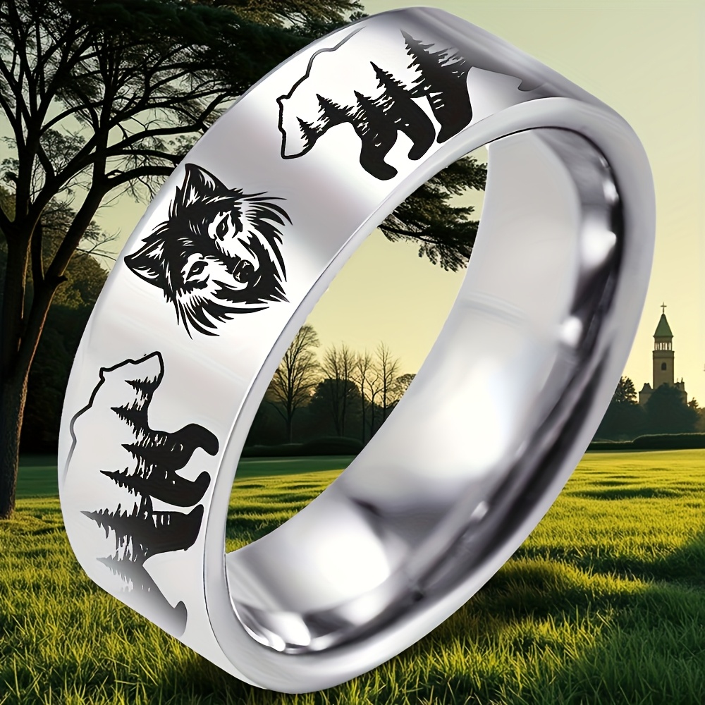 8mm Stainless Steel Bear and Wolf Engraved Wedding Band Ring