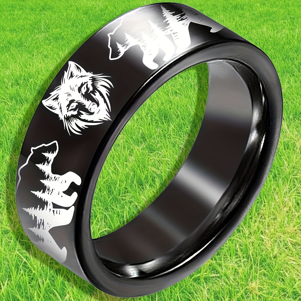 8mm Stainless Steel Bear and Wolf Engraved Wedding Band Ring
