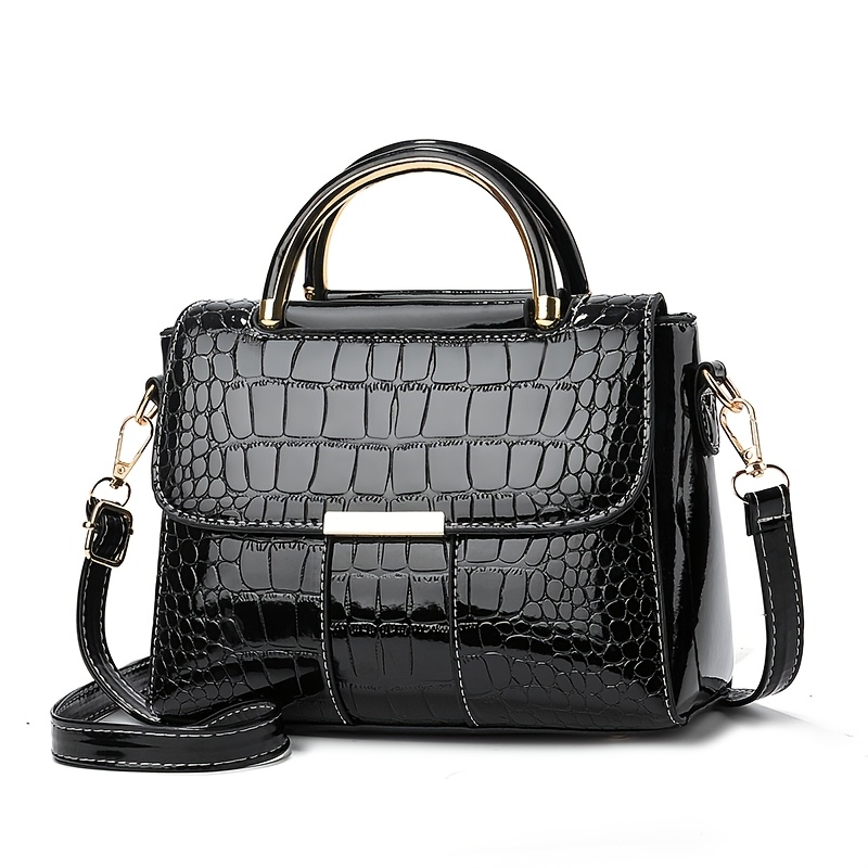 

Women' Crocodile Pattern Pu Satchel, Black, Magnetic Closure, Design, With Pvc , Golden-tone Edging, And Adjustable Strap, For Dating, Dinner, Travel, And Work