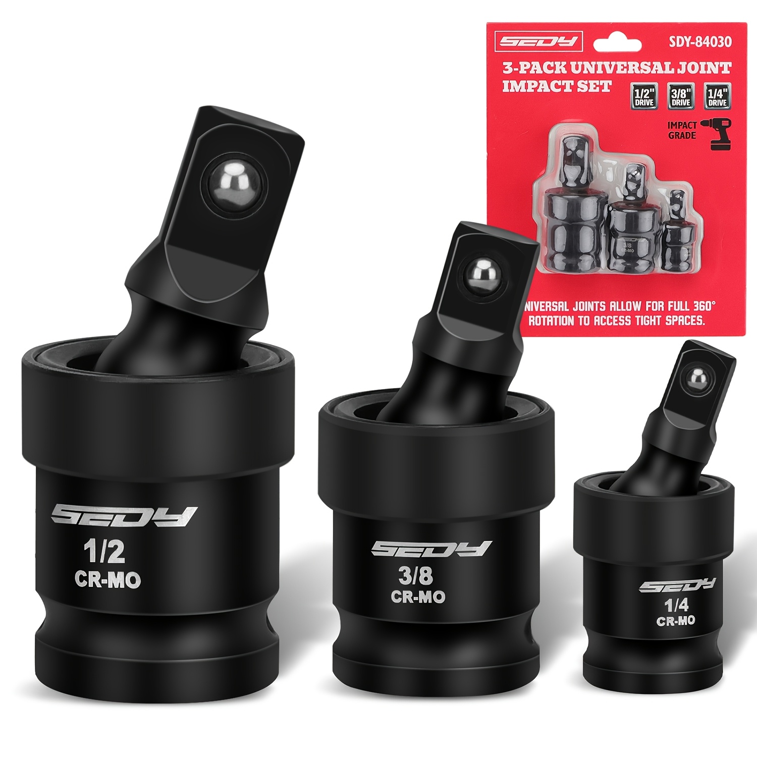 TEMU 3pcs Impact Universal Joint Swivel Socket Adapter Set 1/4" 3/8" 1/2" Drive 360°