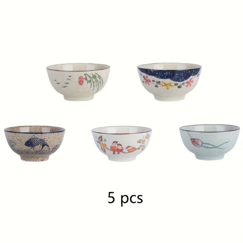 Image of 5pcs 4.5-inch Ceramic Salad Bowls, Underglaze , Ceramic Dinner Bowls, Soup Bowls, Noodle Bowls, Breakfast Bowls, Suitable For Daily Family Use, Restaurants, And Holiday Gifting