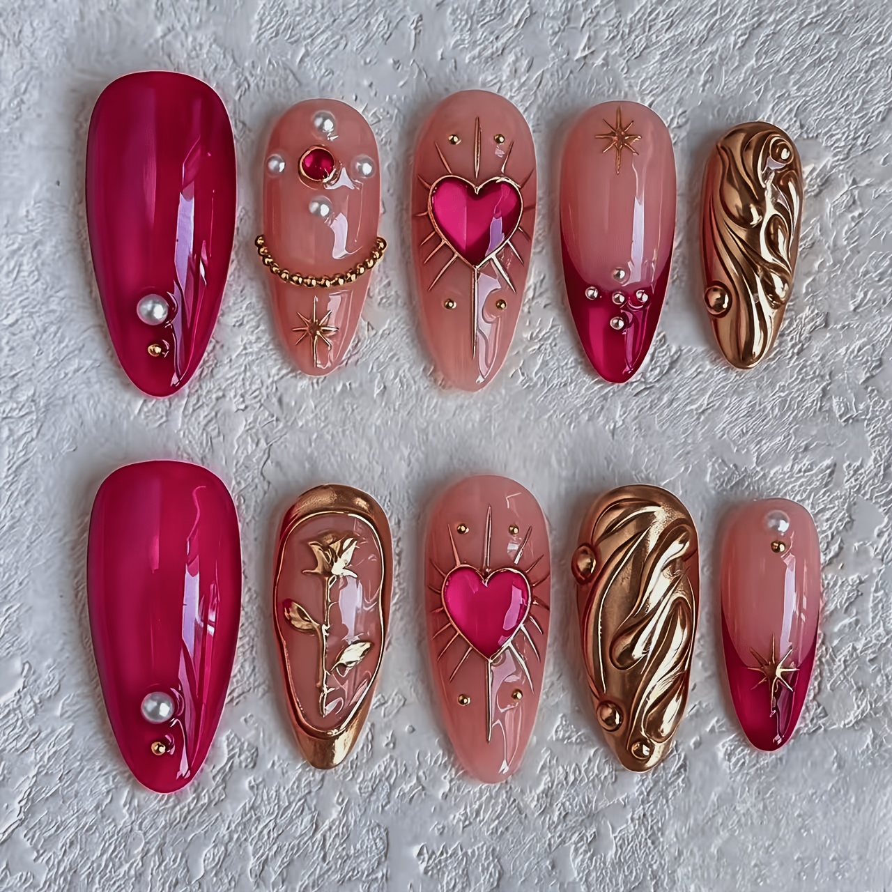 TEMU 10pcs Red & Golden Luxury Press-on Nails Suitable For Hands/feet - Burgundy & Nude Gradient Almond Shape Medium Length With 3d Heart/rose