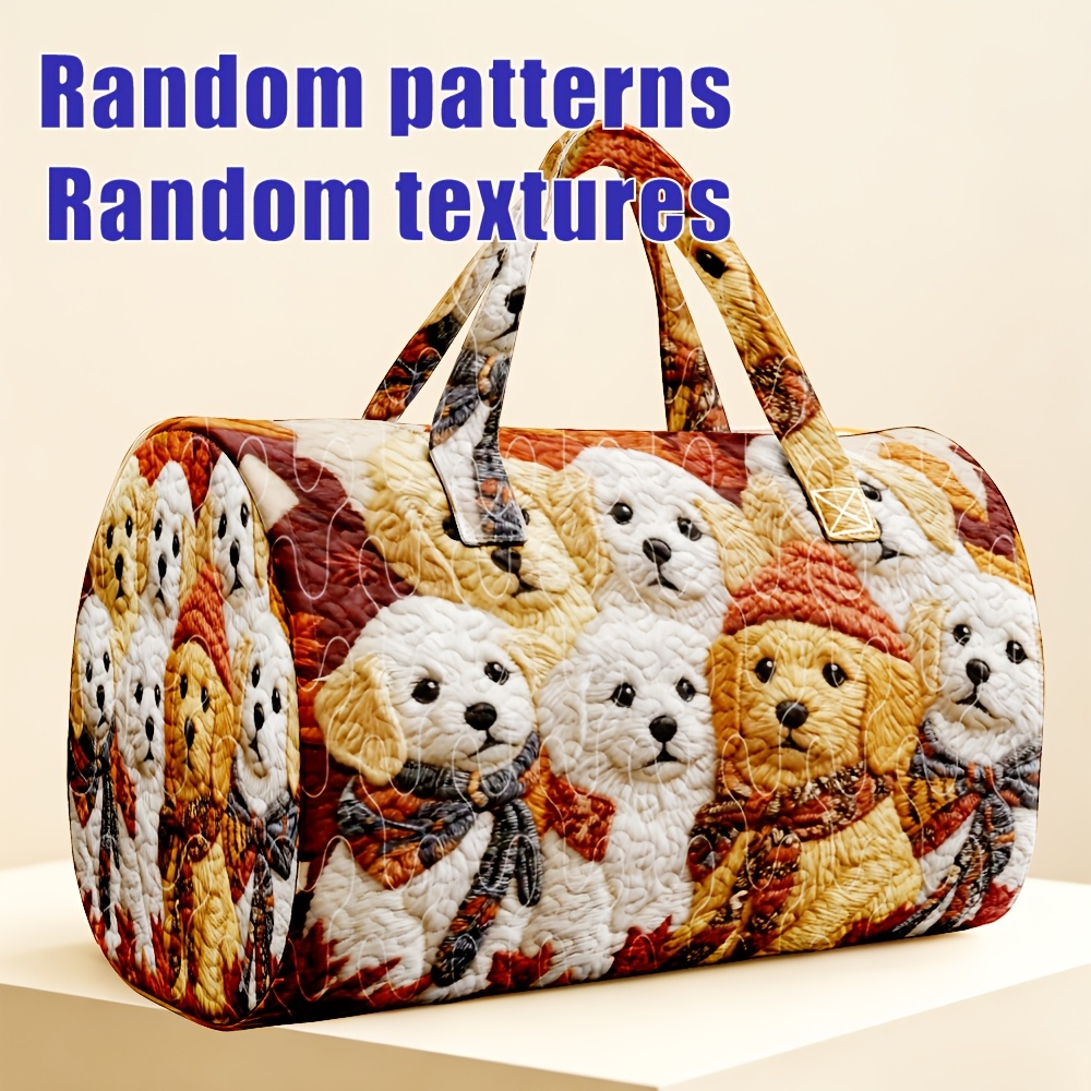 TEMU 1pc Autumn Warm Cute Puppy Pattern Quilted Boston Handbag, Puppy Scarf Maple Leaf Theme, Autumn Style Travel Tote Bag, Suitable For Love Puppies
