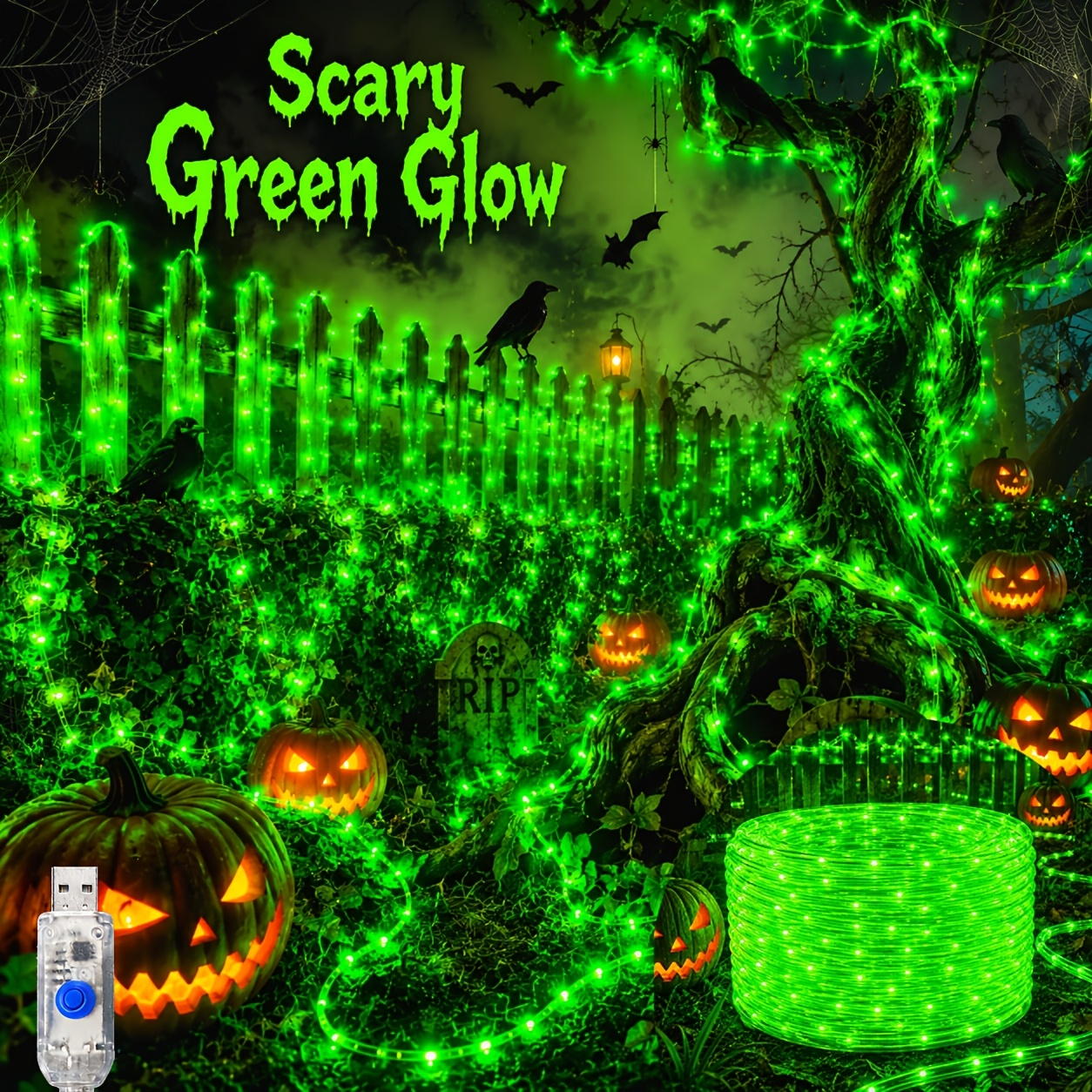 TEMU Halloween Fairy String Lights Usb Powered Flexible Rope Lighting For Indoor Outdoor Yard Garden Tree Christmas Holiday Party Spooky Room Decor