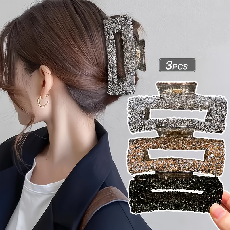 TEMU 3pcs Set, Women's Rhinestones Geometric Square Hollow Large Hair Claw Clip, Stylish, Simple And Elegant Hair Accessories, Daily Use, Gift For Day