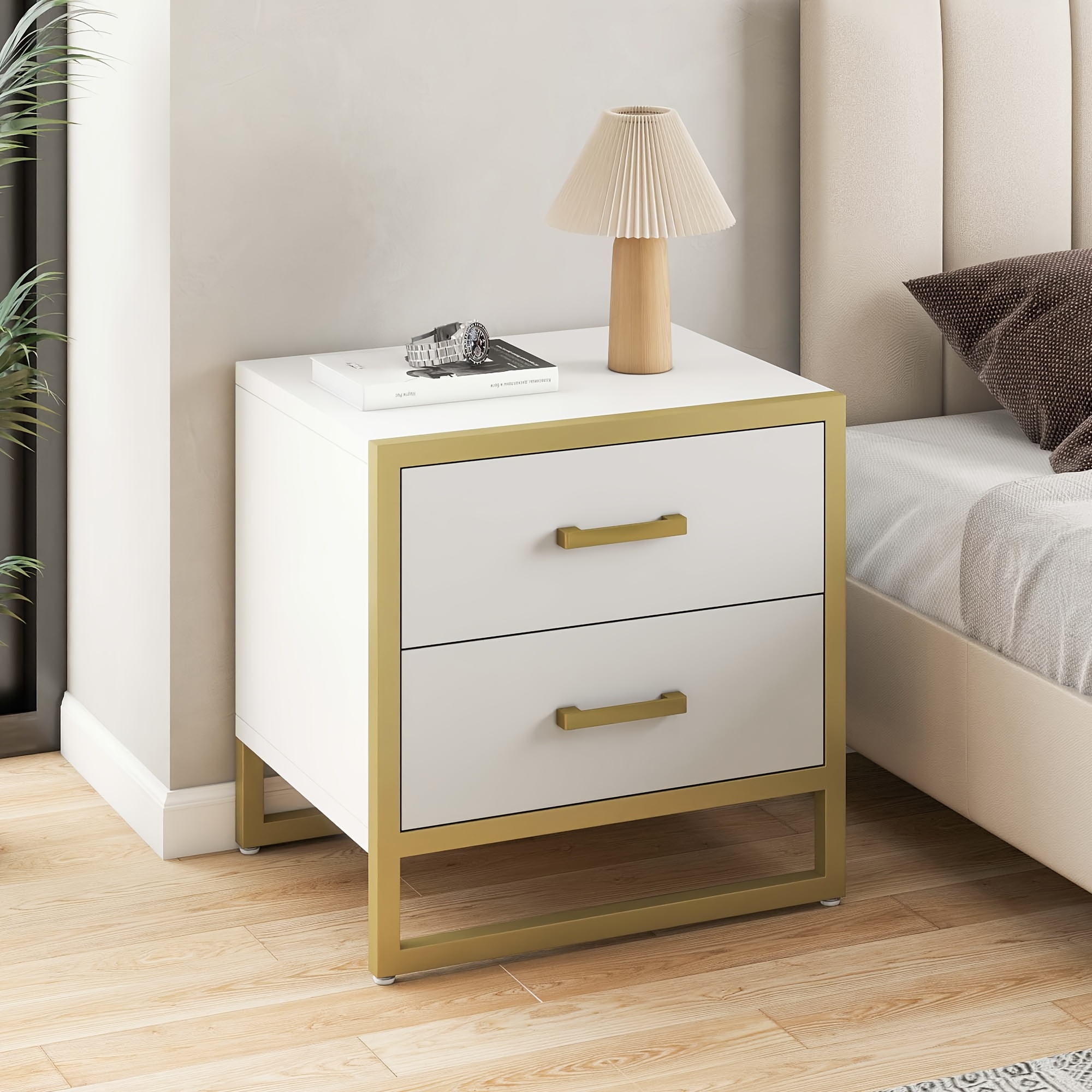 

Phabules Nightstand End Side Table With 2 Drawers And Metal Frame For Bedroom Living Room, White And Gold