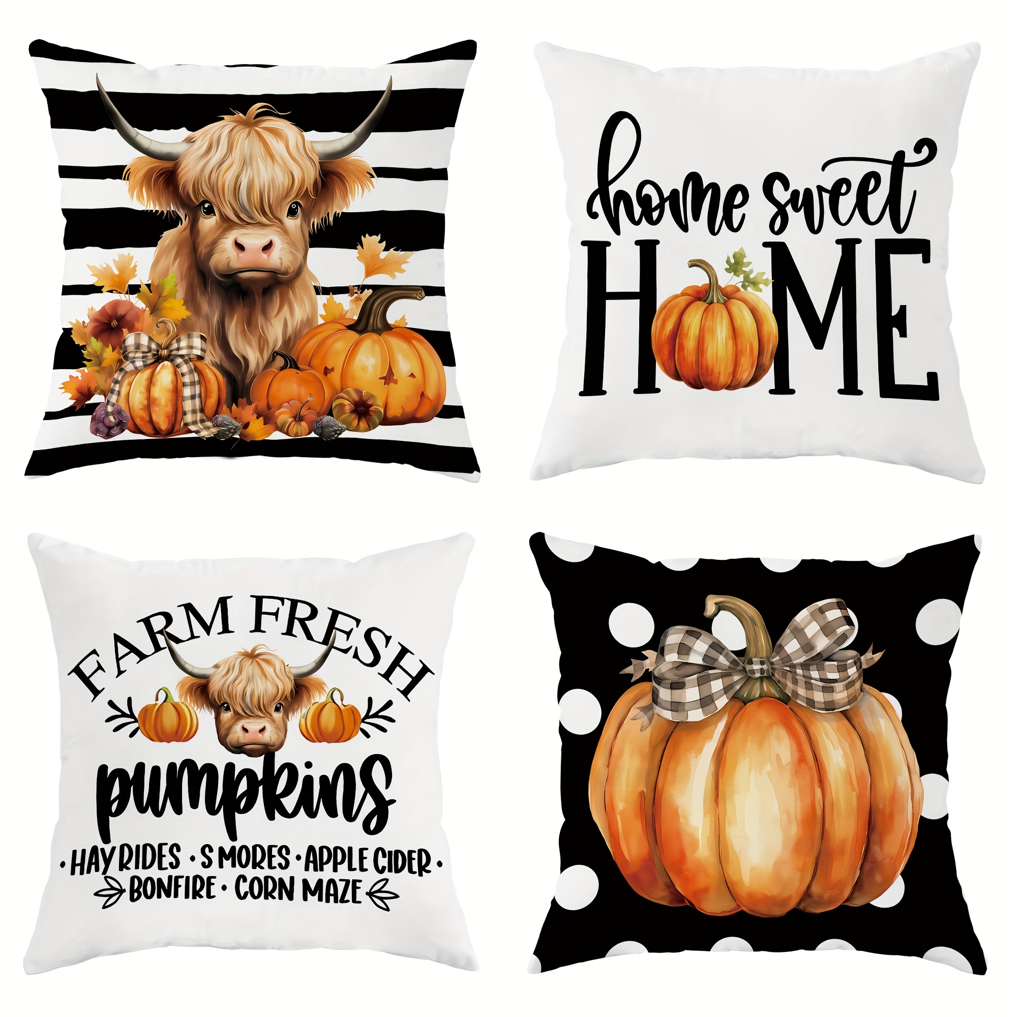 

4-pack Country-rustic Fall Thanksgiving Throw Pillow Covers, Farmhouse Pumpkin & Highland Cow Design, Machine Washable Polyester Zippered Cases 18x18 Inch For Sofa And Living Room Decor
