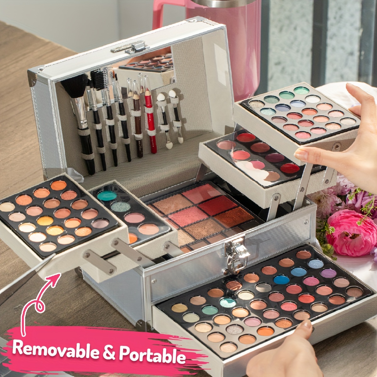 portable makeup set in berry shades eyeshadow blush solid lipstick brow powder highlighter mini brush makeup applicator mirror for parties gifts and performances details 1