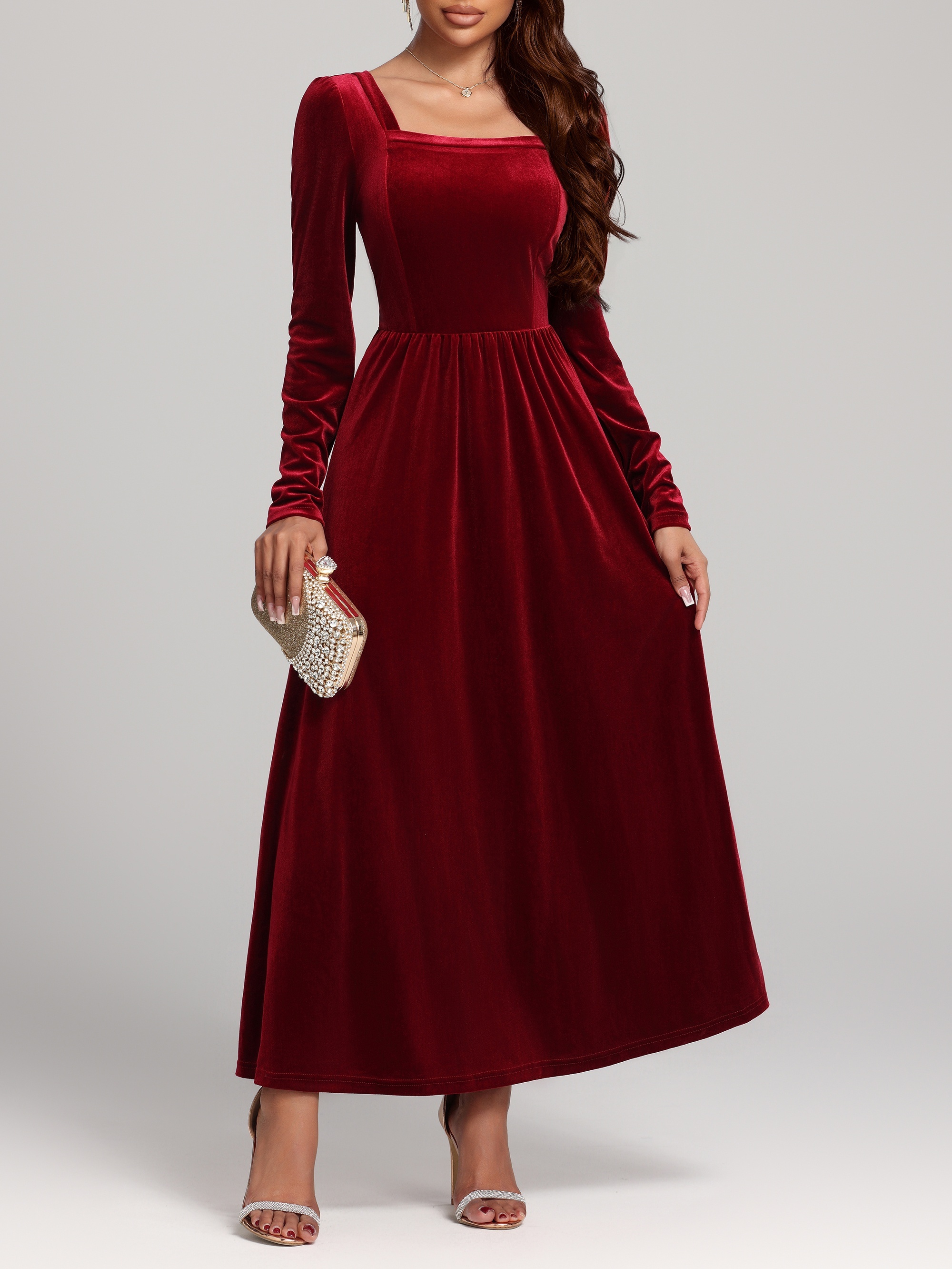 women's blue velvet dress - high neck long sleeve fitted solid color  spring/fall office party wear, hand wash/ , long sleeve velvet formal dress,  evening wear, sophisticated style, luxurious texture - women's