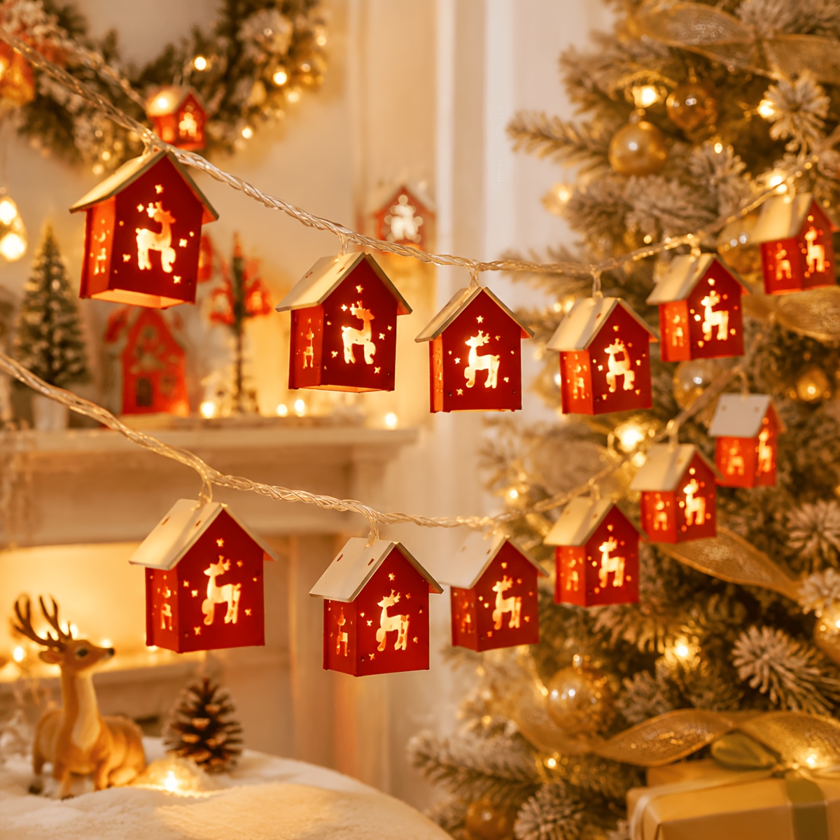 TEMU Christmas Red House String Lights, Tree & Reindeer Home Decor Fairy Lights, Xmas Party Hanging Lighting, Decor For Bedroom Wall, Office,