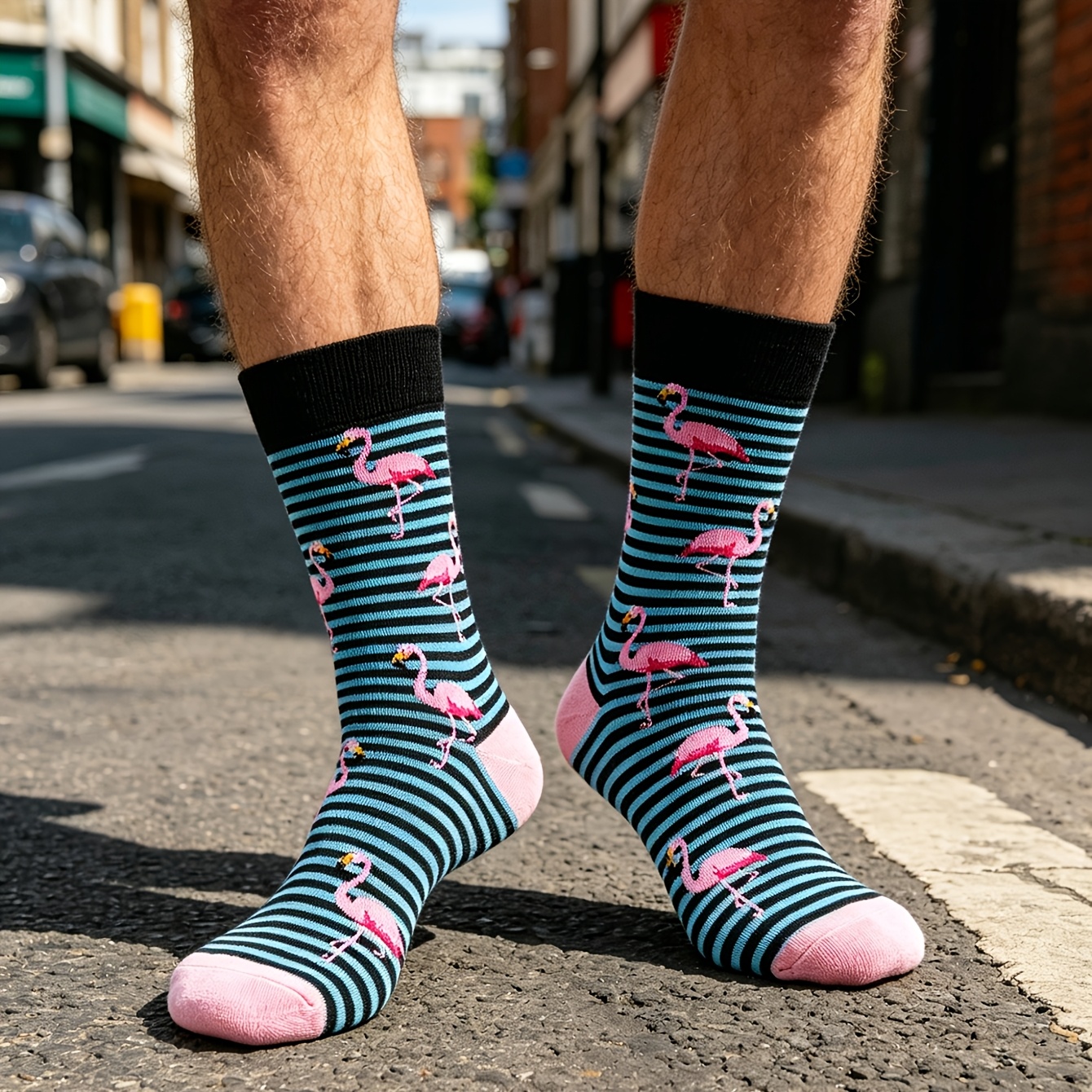 Image of 1 Pair Of Unisex Fashion Novelty Socks, Funny Flamingo Patterned Men Women Gift Socks, For Outdoor Wearing & Wearing
