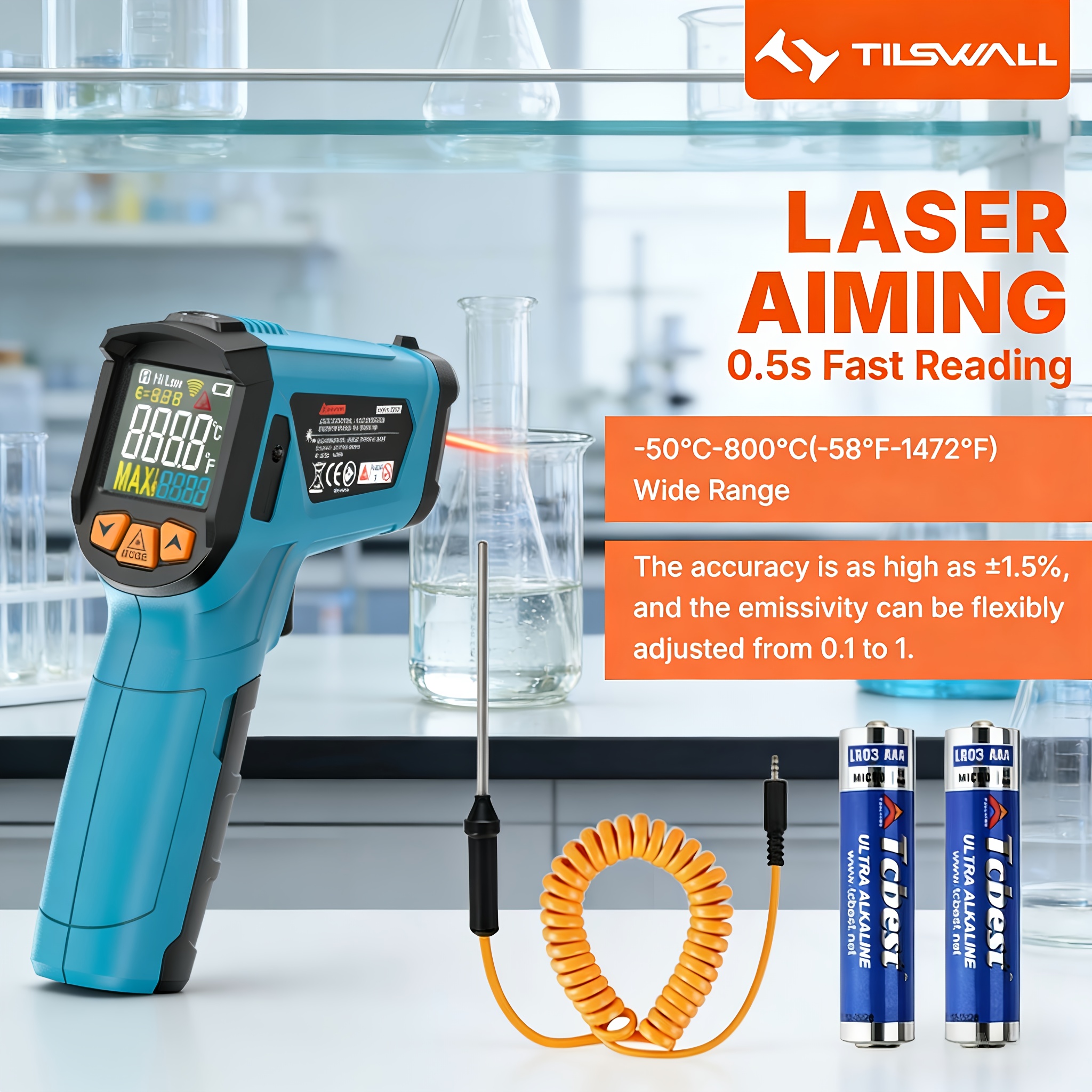 Image of Tas--tilswall Professional Infrared Thermometer -50℃~800℃ High Accuracy Temperature Gun With Alarm, Adjustable Emissivity, Auto Off, For Cooking, Bbq, Industrial, Home Use, Automotive
