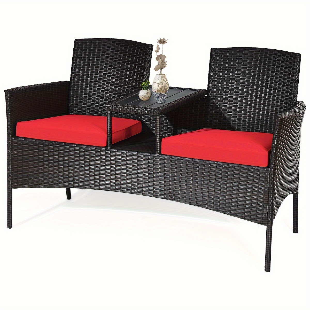 

1set Outdoor Patio Rattan Furniture Set, Loveseat Sofa With Red Cushions & Glass-top Coffee Table, Durable Wicker Design, 54.5-inch Wide, Perfect For Garden, Porch, Backyard