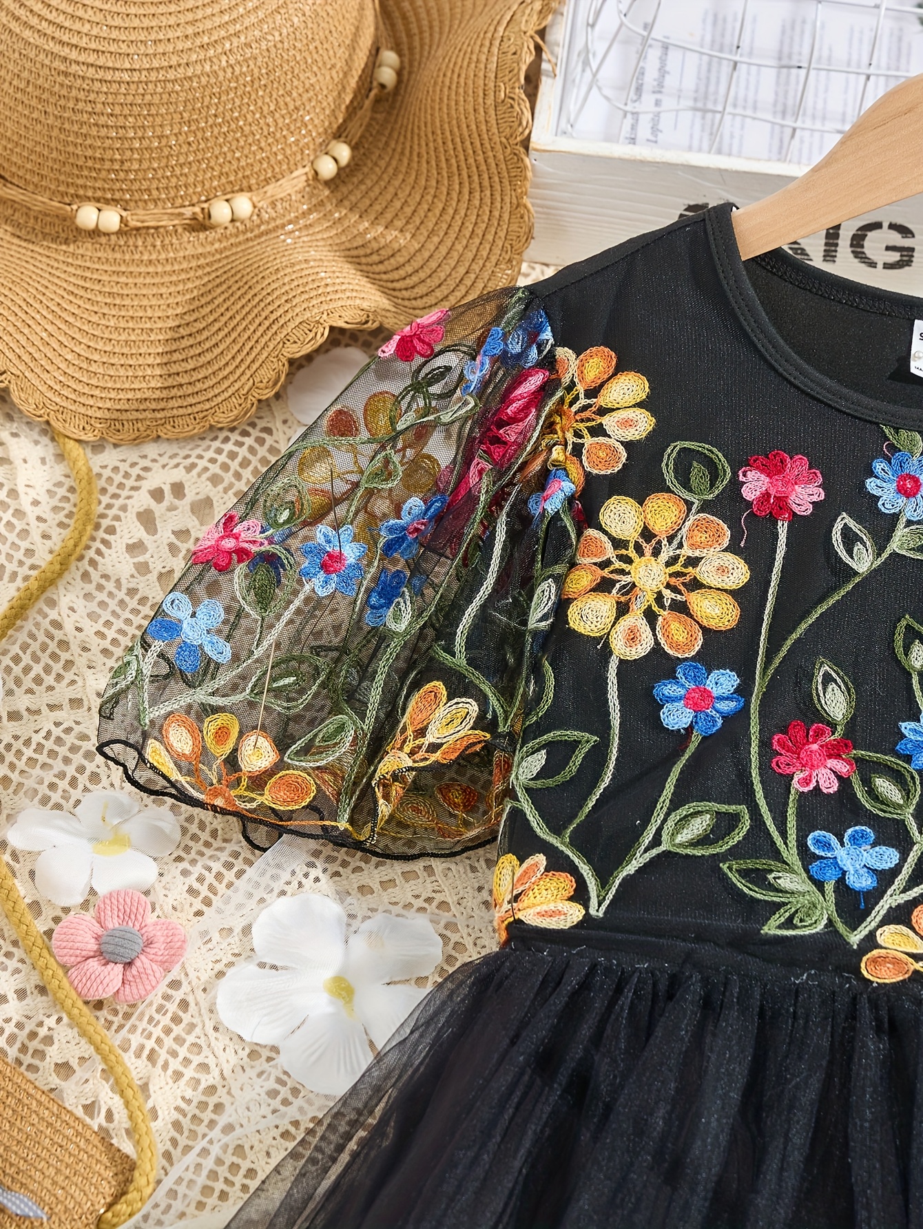embroidered floral dress mesh sleeves black colorful floral - Temu Oman