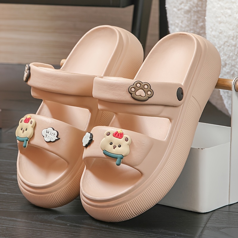 Women's Summer Slip-On Platform Sandals with Cute Cartoon Animal Charms  Korean Fashion Thick Sole *-Heel Slippers, Non-Slip EVA Indoor/Outdoor Hou