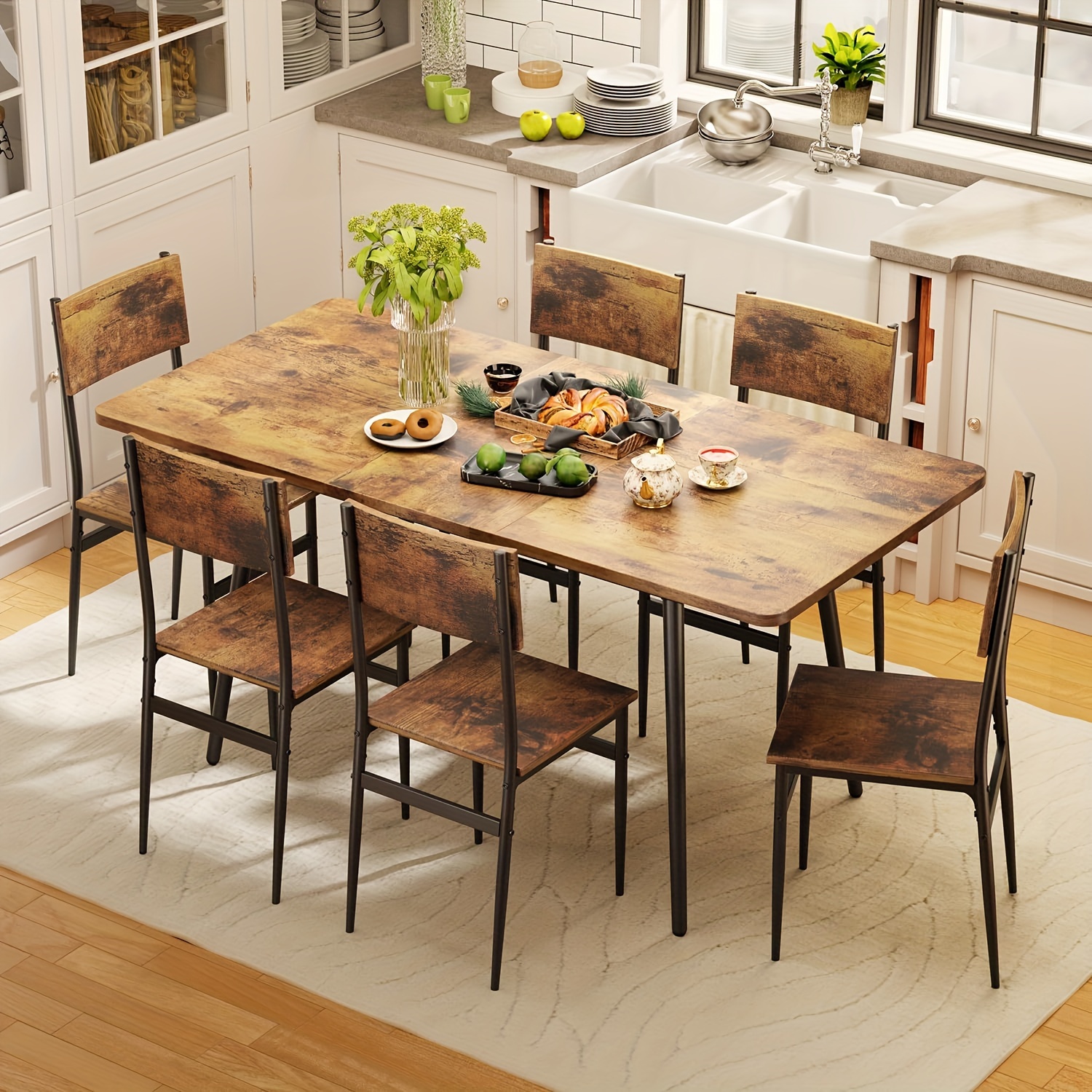 extendable dining table set for 4-6 people, 7-piece dining table