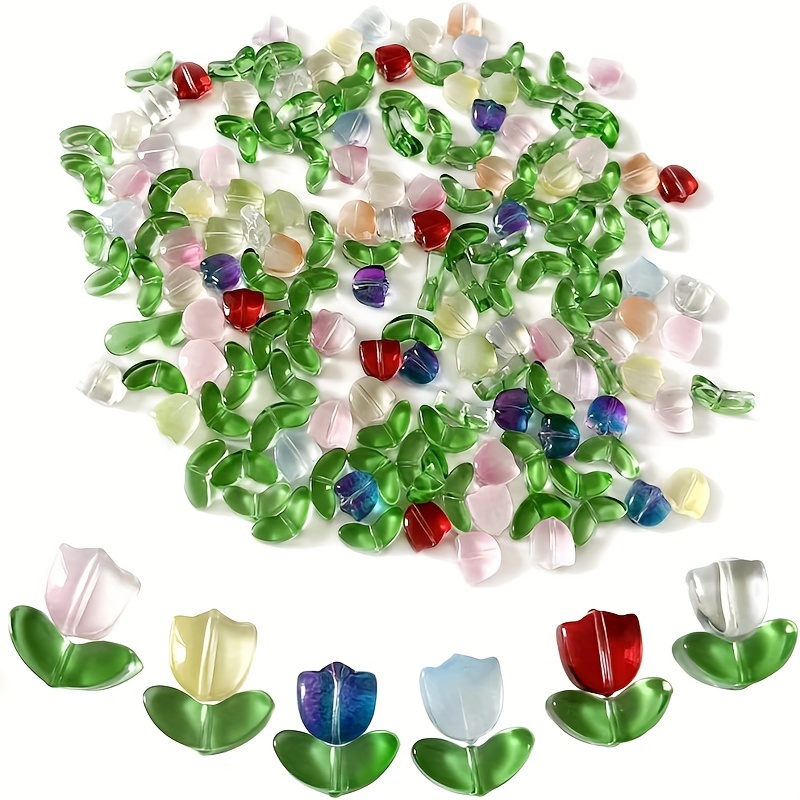 

60pcs Tulip Flower Beads, 30 Pairs Mixed Color Translucent Glass Spacer Beads, Crystal Loose Craft Beads For Jewelry Making