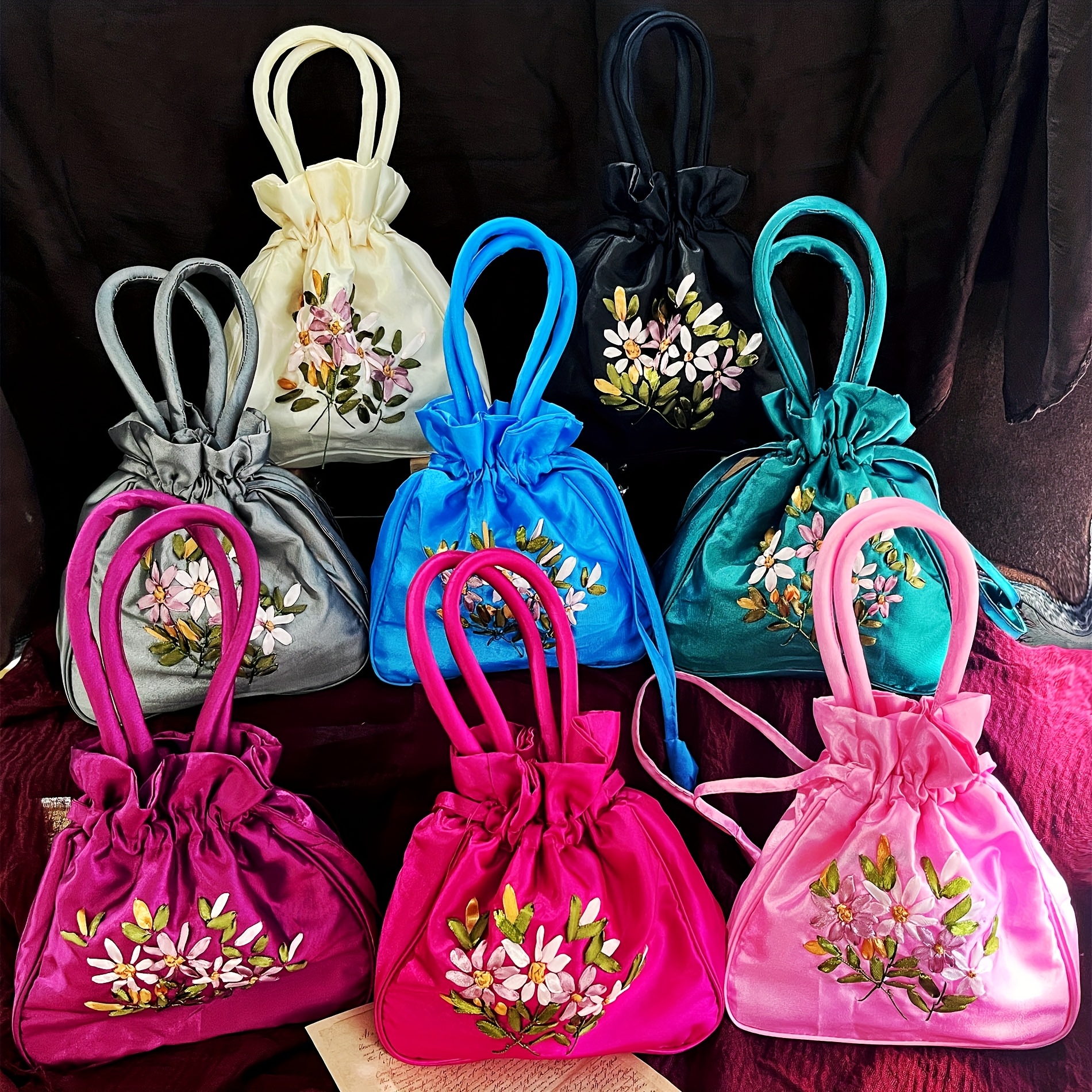 TEMU Vintage Embroidered Drawstring Bags For Women, Including Purses, Wallets, Card Holders, Bucket Bags, Shoulder Bags, And Wrist Bags