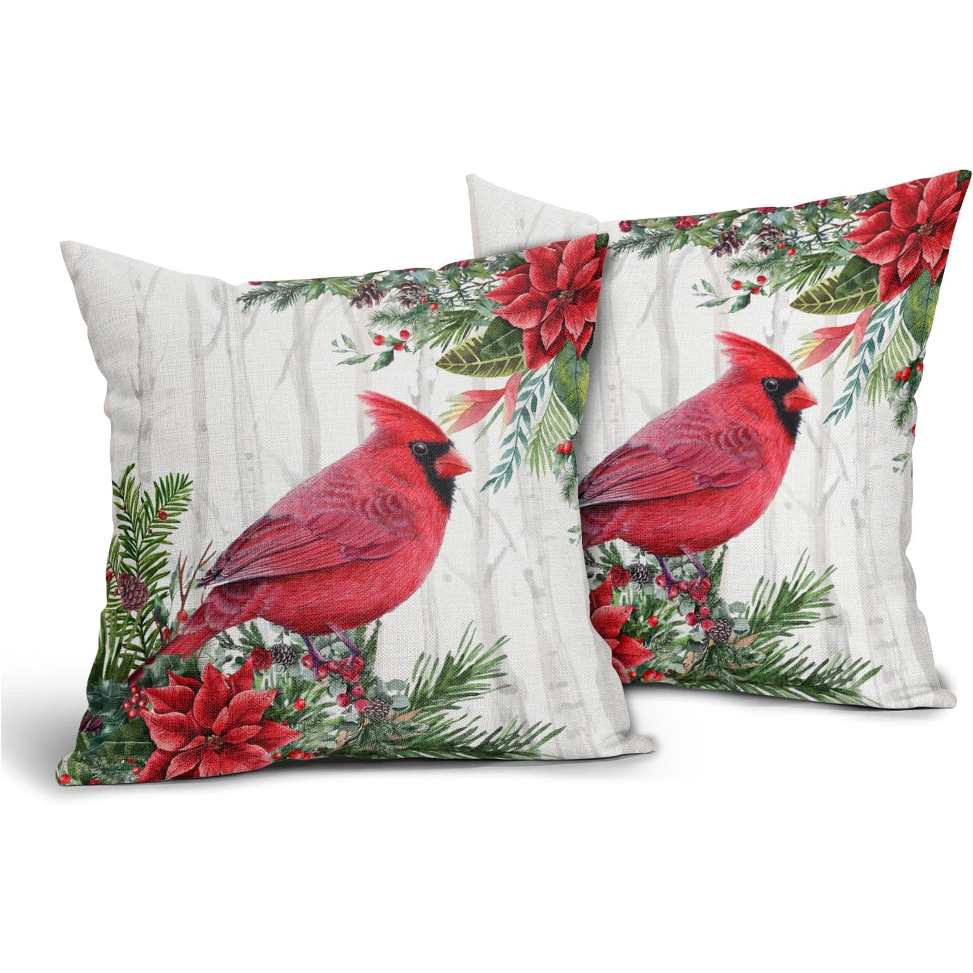 

Set Of 2 Contemporary Linen Throw Pillow Covers - Red With Pine Cone & Poinsettia, Decorative Farmhouse Cushion Cases For Family Bedroom, Zipper Closure, Machine Washable, Single-sided Print