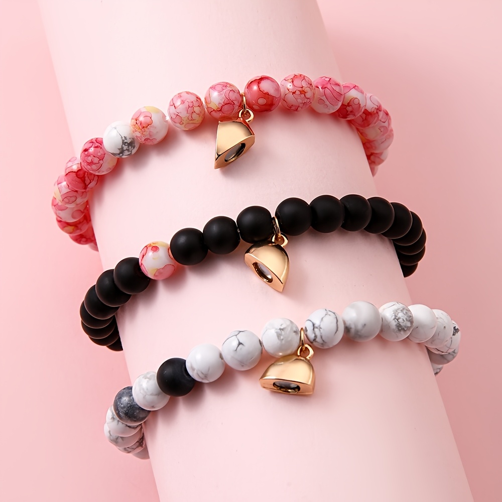 3pcs Stretch Bracelets with Heart Pendant, Colorful Set