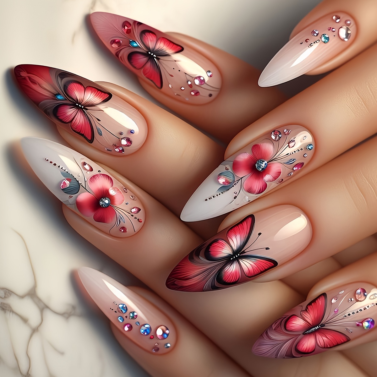 

24pcs Light Luxury Gentle Red Flower Polka Dot Ombre Long Almond Shape False Nails -on False Nails With Nail File And Jelly Glue, Suitable For All Women And Girls