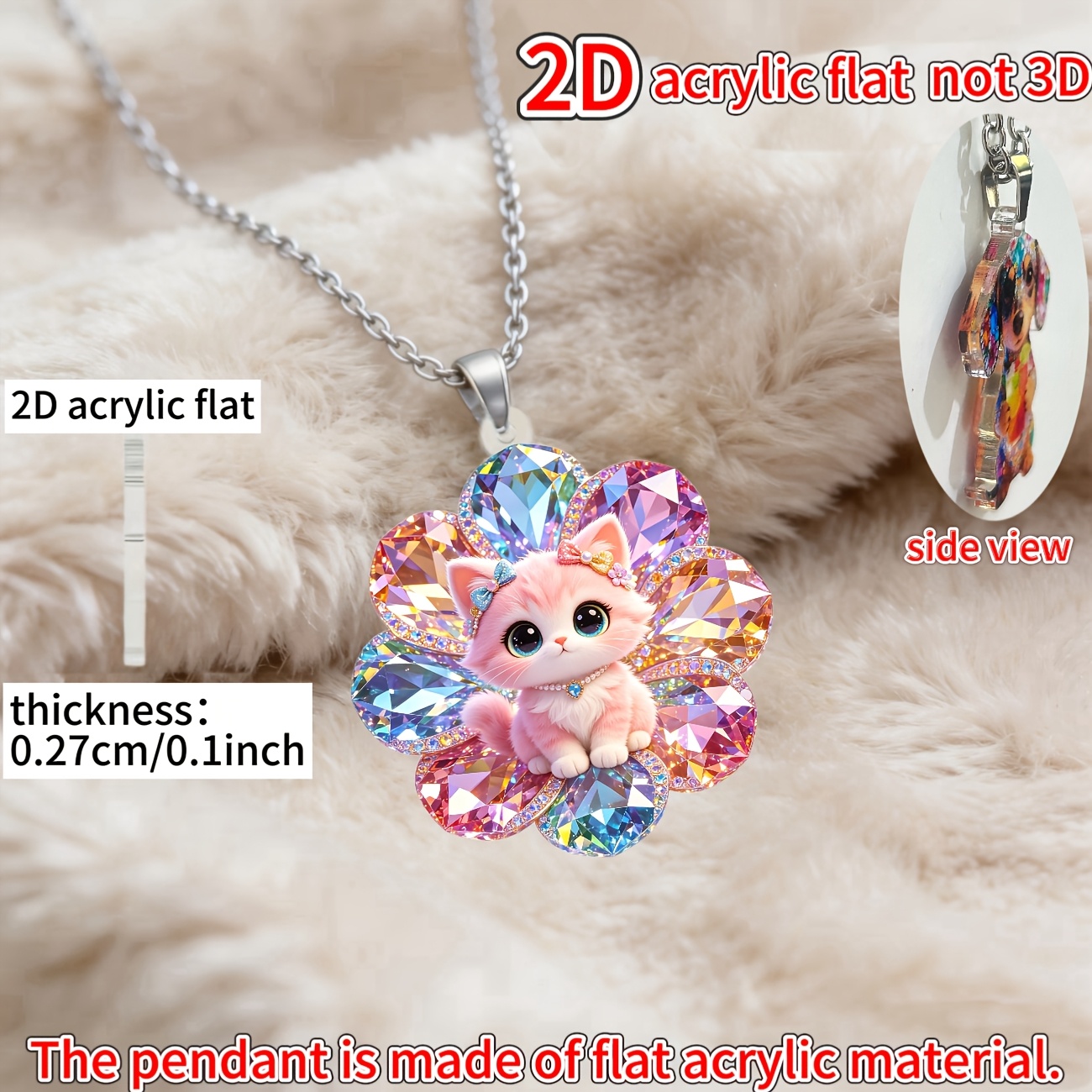 Women's Kitten in a Flower Acrylic Pendant Necklace