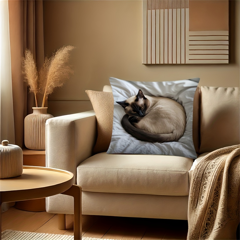 TEMU 1pc Siamese Cat Design Pattern Pillowcase, Zipper Closure, Single-sided Print, 18x18 Inches, Short Plush Pillow Cover, Machine Washable,