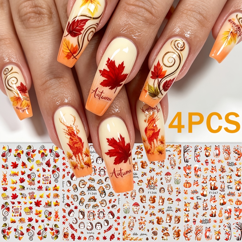 TEMU 4 Sheets Thanksgiving Autumn Maple Leaf Nail Sticker Set Forest Small Animals Squirrel Fox Pattern Autumn Backing Nail Stickers Nail Decoration