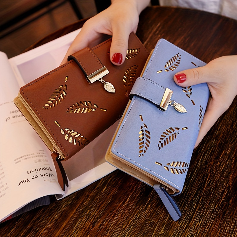 

Trendy Hollow Leaves Pattern Design Long Cluth Wallet, Solid Color Large Capacity Coin Purse, Women's Credit Card Holder