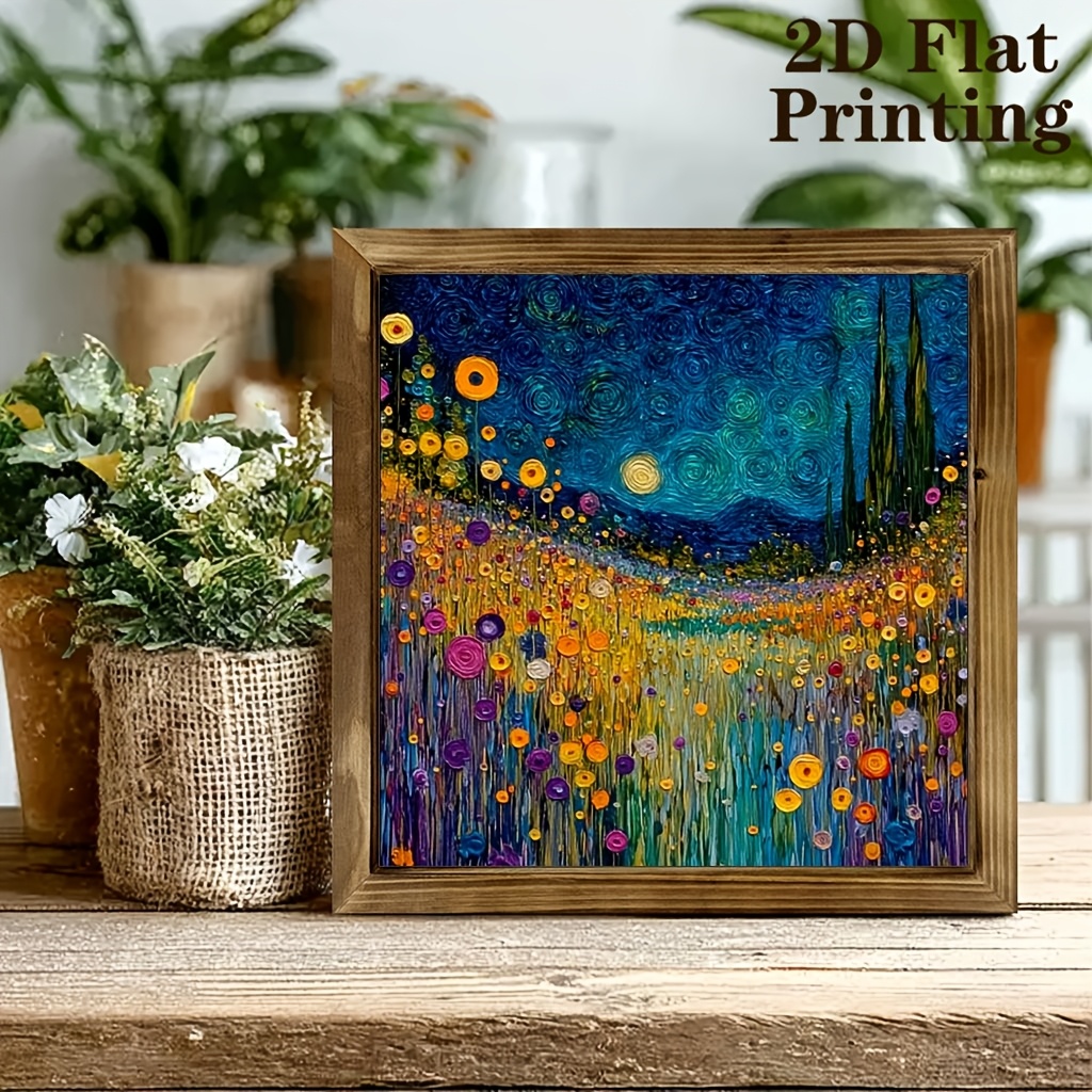 TEMU 2d Flat, 1pc Of Country Farmhouse Style Starry Night Print, With Vintage Wooden Frame Wall Decor - Charming Rustic Style, Farmhouse Vintage