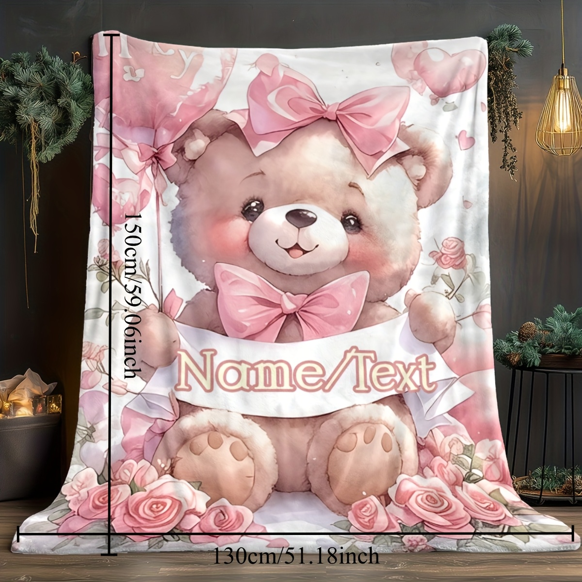 TEMU Personalized Teddy Bear Flannel Blanket With Pink Bow - Lightweight Blanket For Camping, Travel, Sofa, Bed, And Office - Custom Name/text,