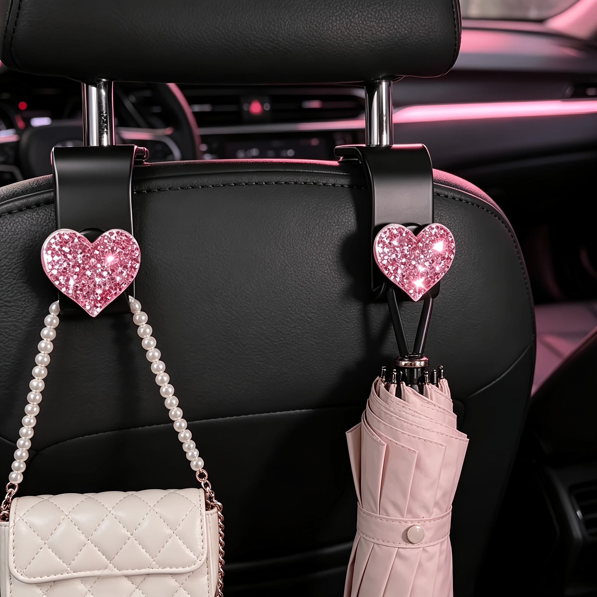 TEMU Confezione Ganci Portaoggetti Auto Creativi a Forma di Cuore con Strass Scintillanti, Ganci Portaoggetti per Poggiatesta, Ornamenti Auto, Borsa,