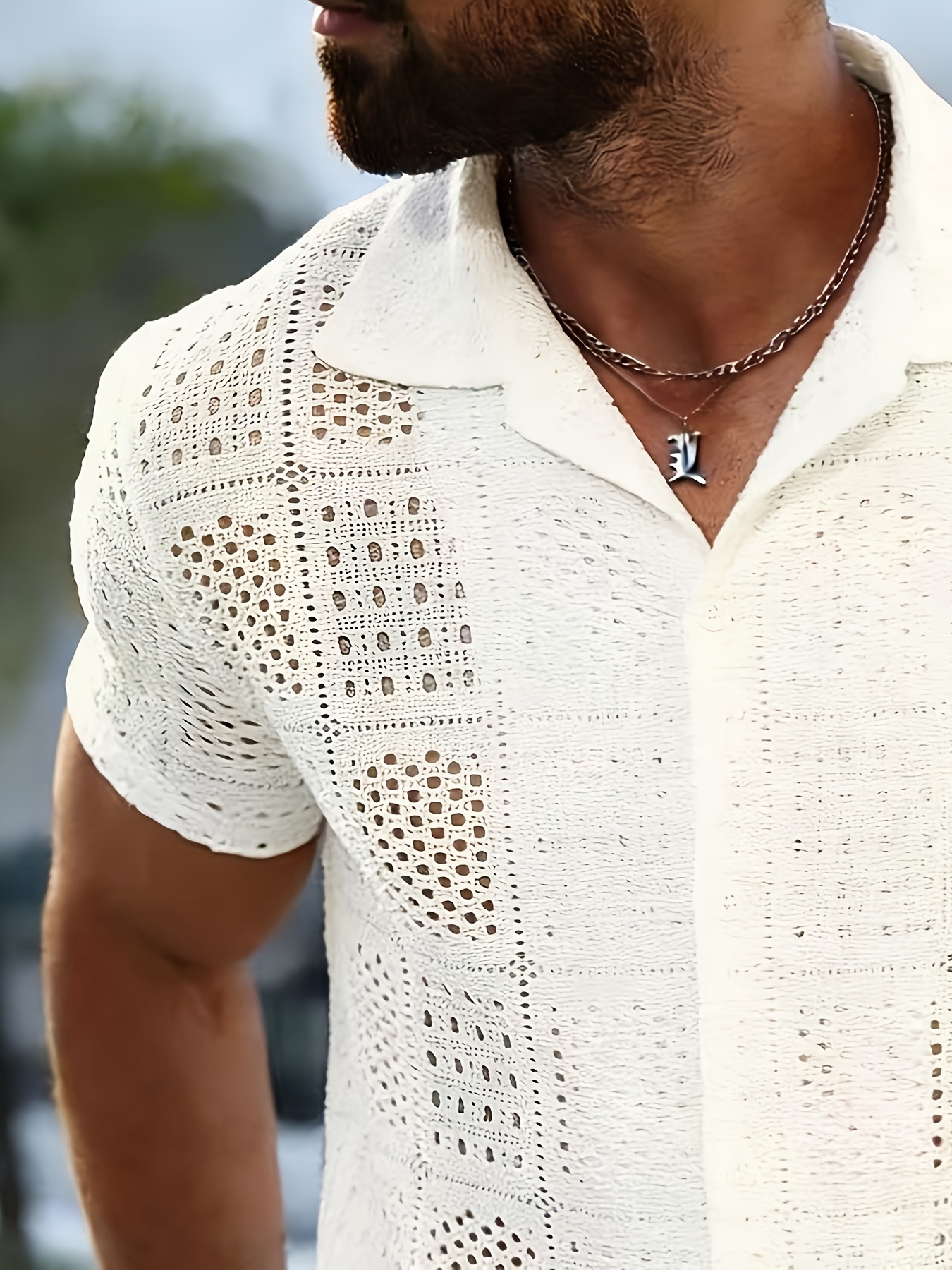 Lingjujujue Men'S Cuban Collar Jacquard Casual Versatile Short-Sleeved Pullover Shirt